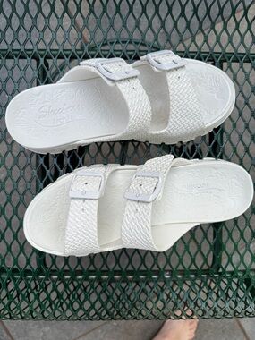 Skechers Women's White Double-Strap Buckle Slide Sandals